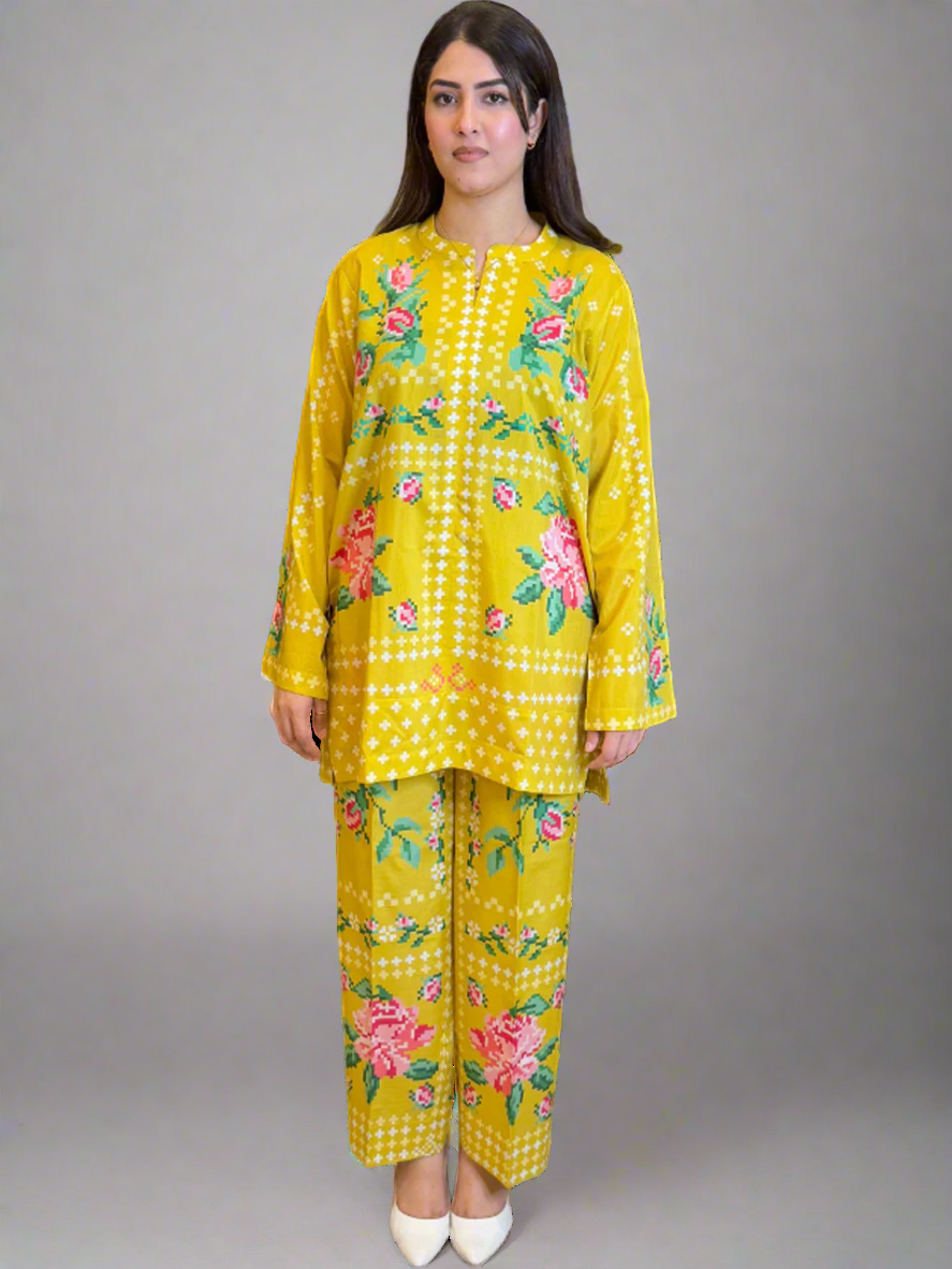 Mustard Green Floral Shirt and Trouser (Unstitched)