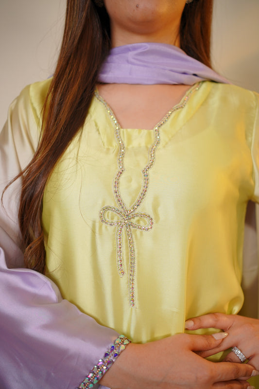 Lime Silk Two Tone 3 piece DRESS with Dupatta (STITCHED)