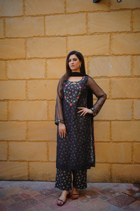 Black Organza Embroidered Dress 3 Piece (STITCHED)