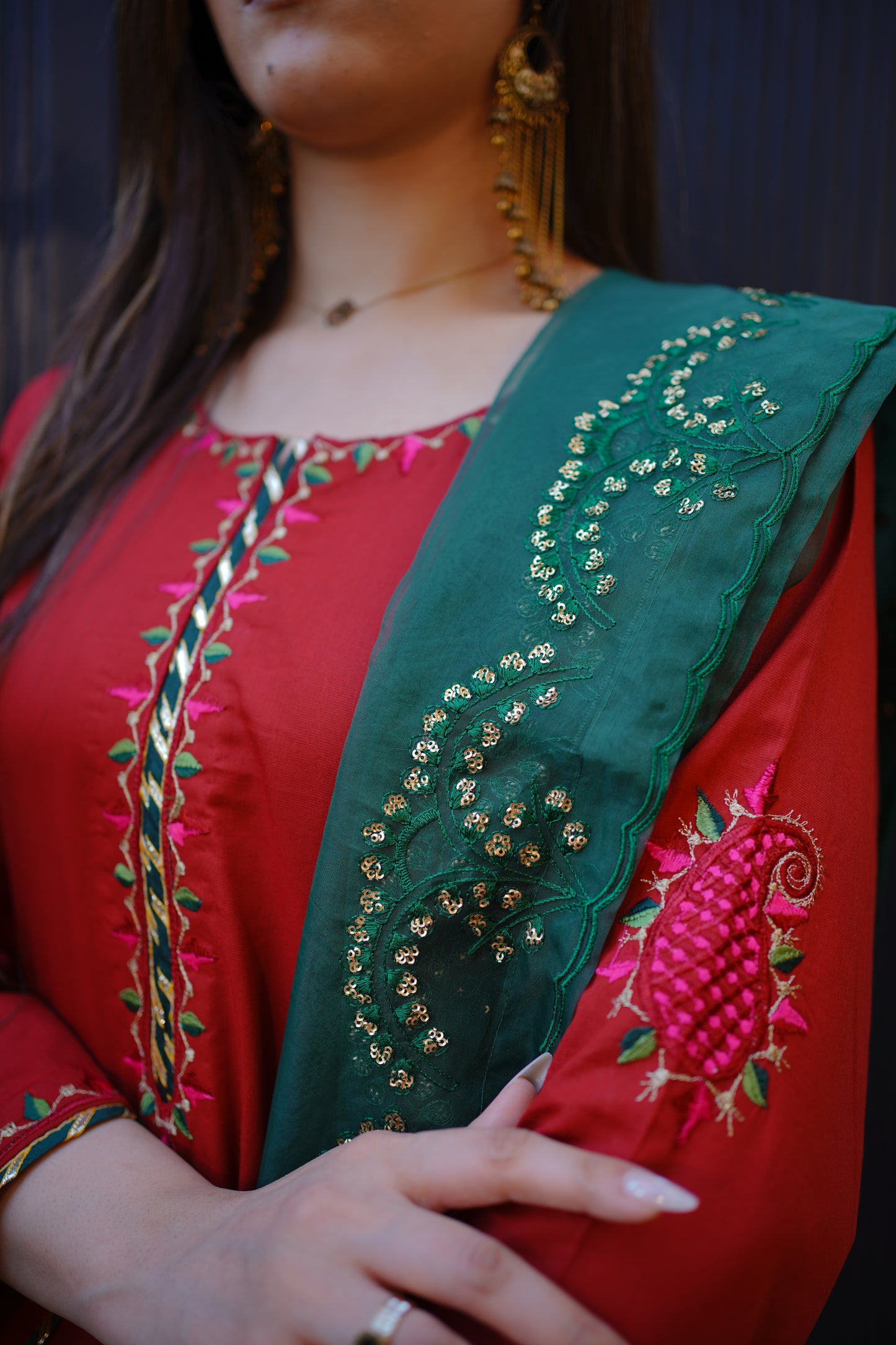 Red Green Embroidered Dress with Dupatta (STITCHED)