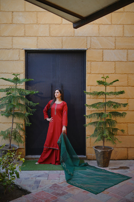 Red Green Embroidered Dress with Dupatta (STITCHED)