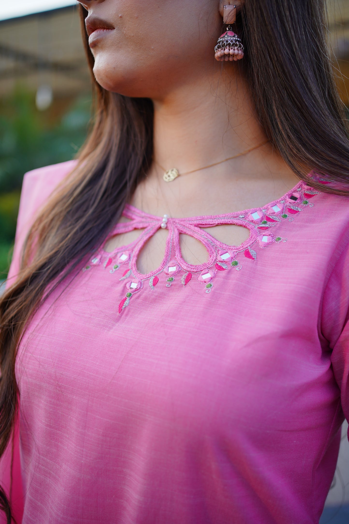 Pink Embroidered Mirror Work Dress with Dupatta (STITCHED)