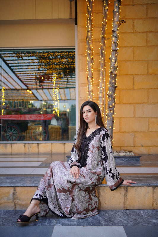 Brown Silk Kaftan with Trouser (STITCHED)