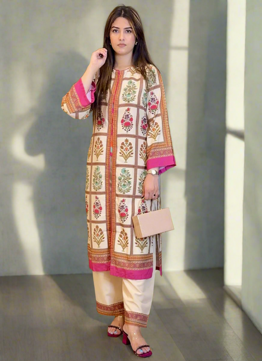 Off-White Pink Blocks 3-Piece GOWN (UNSTITCHED)