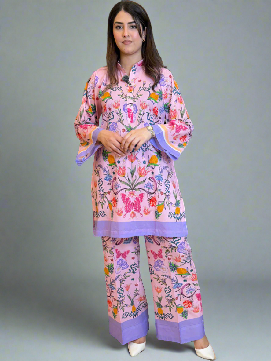 Pink Blue Shirt and Trouser (Stitched)