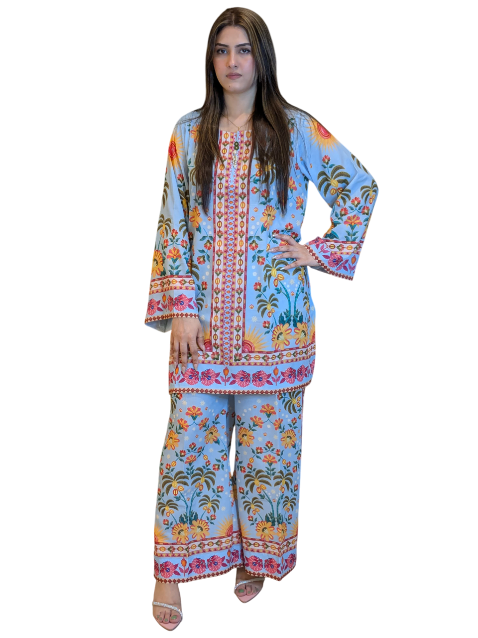 Sky Blue Palm Tree Co-ord Set (Unstitched)