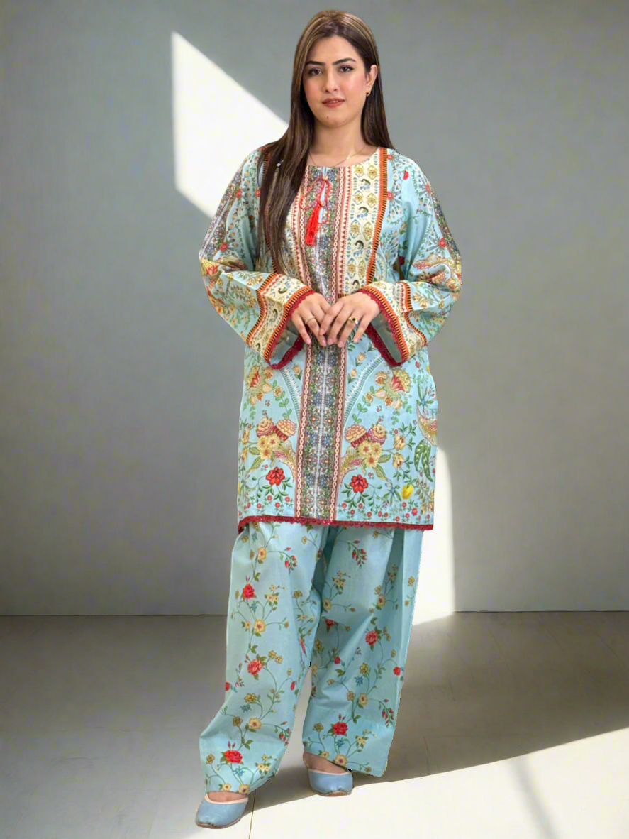 Sky Blue Red Farshi Shalwaar Dress (UNSTITCHED)
