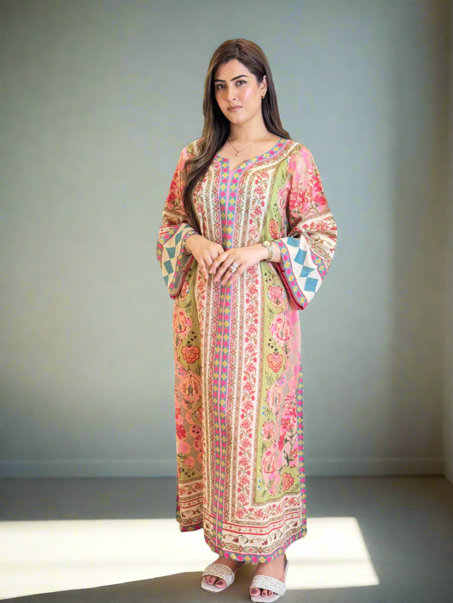 Pink Green Floral Long Shirt (Unstitched)