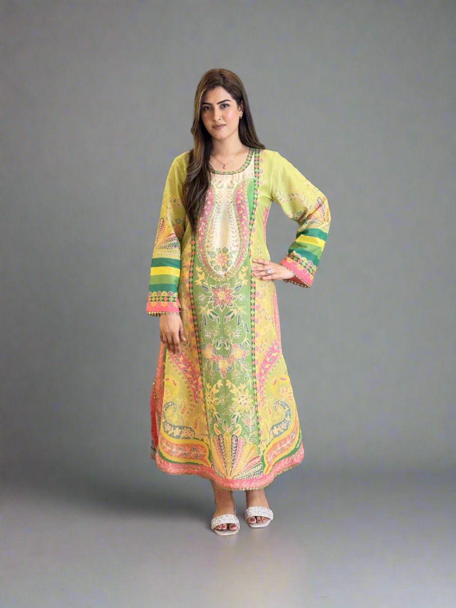 Green Pink Yellow Long Shirt (Unstitched)