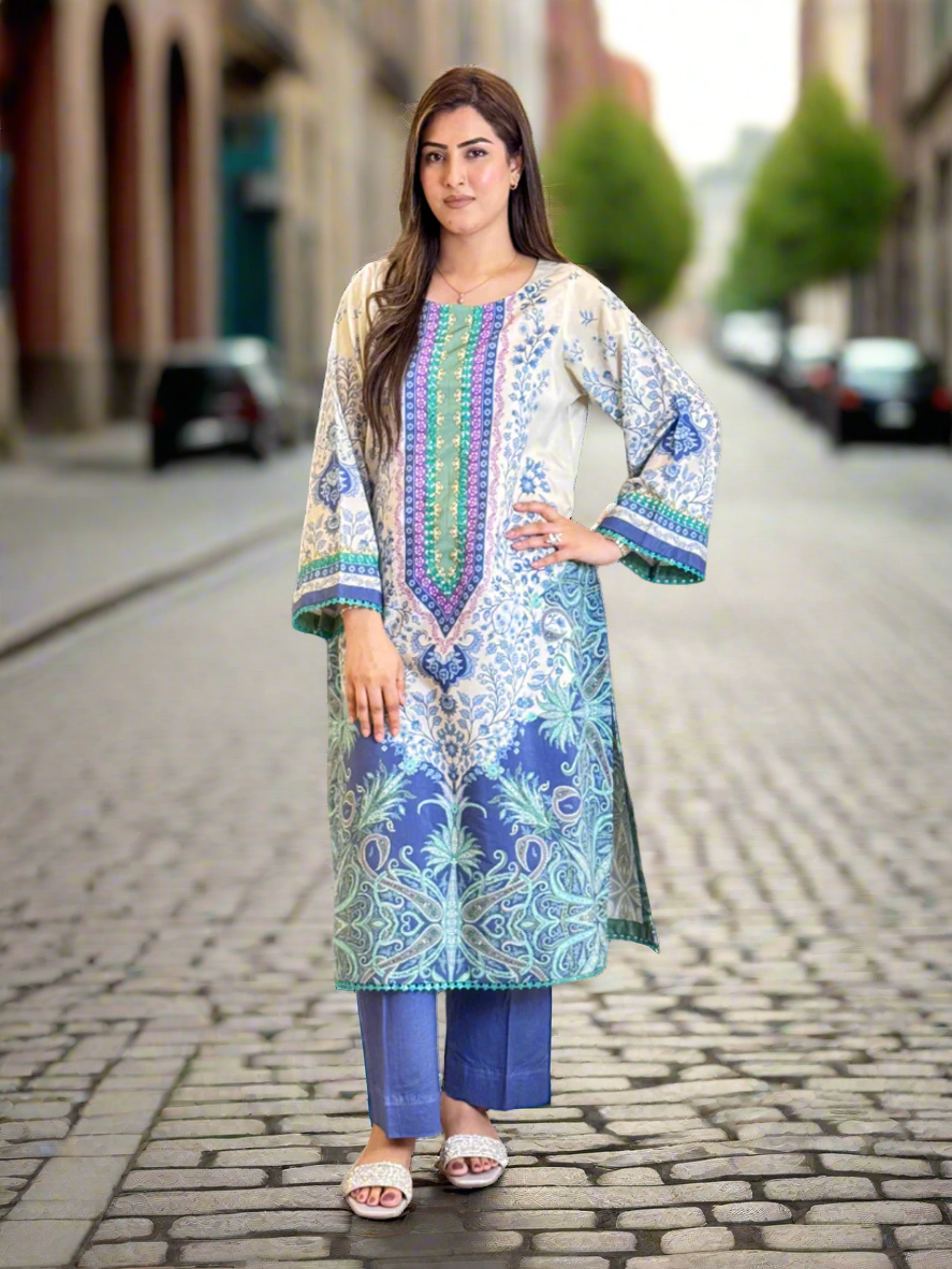 Blue White Long Shirt (Unstitched)