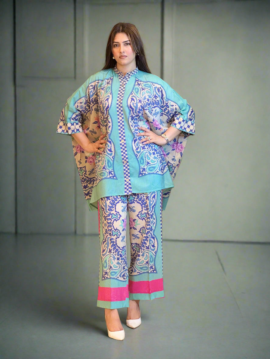 Sea Blue Co-ord Set (Unstitched)