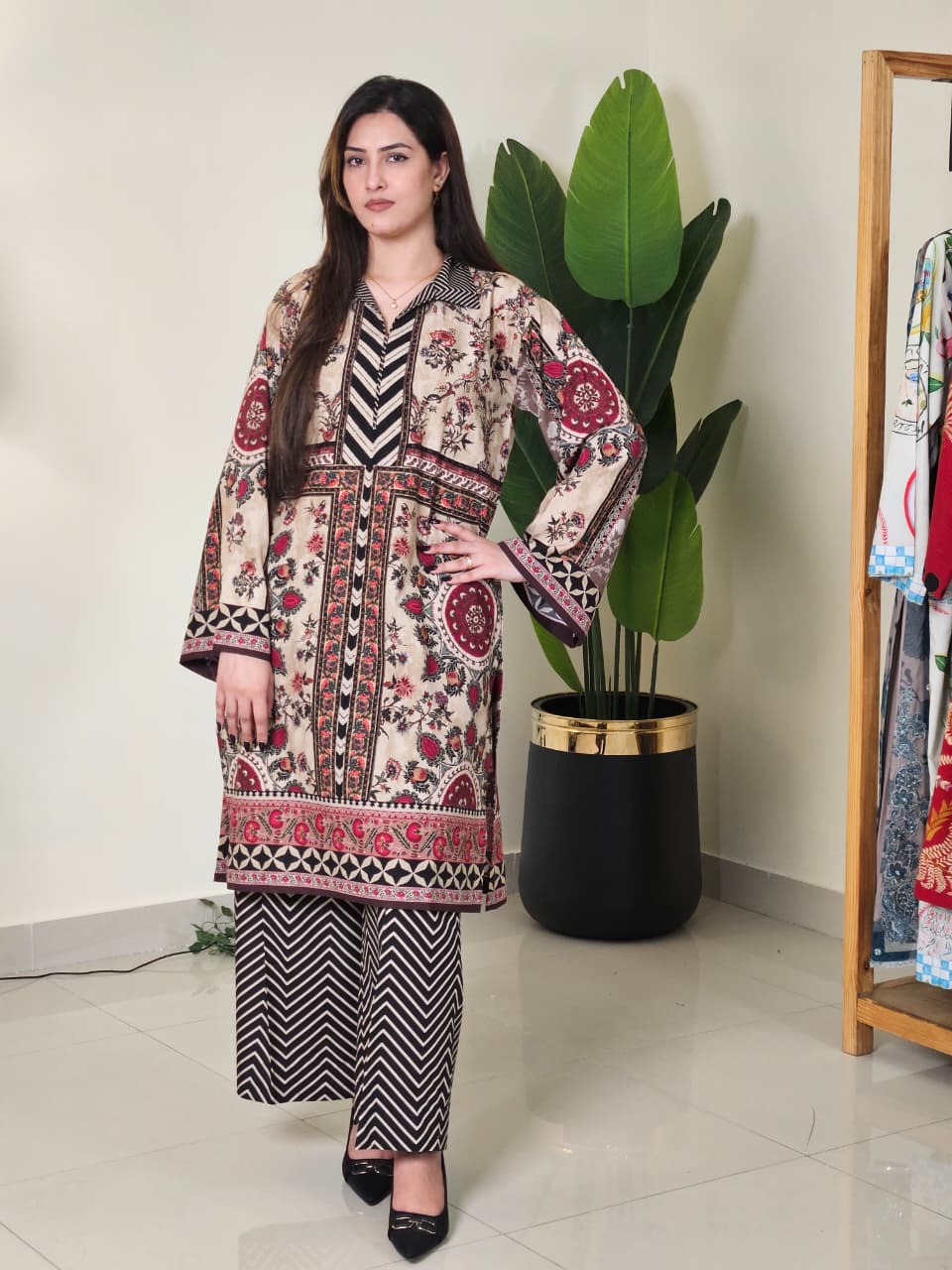 Brown Red Shirt with Black and White Trouser (UNSTITCHED)