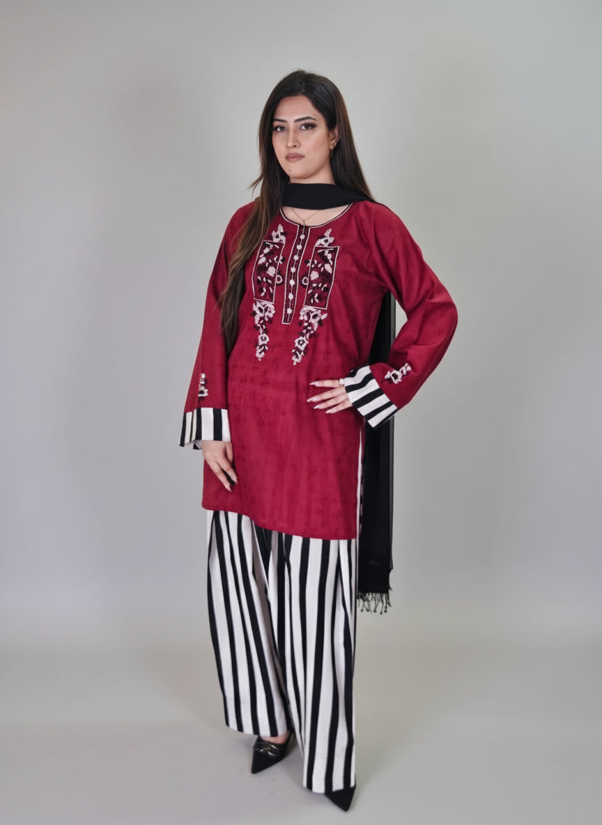 Maroon Embroidered Farshi Shalwaar and Shirt (STITCHED)