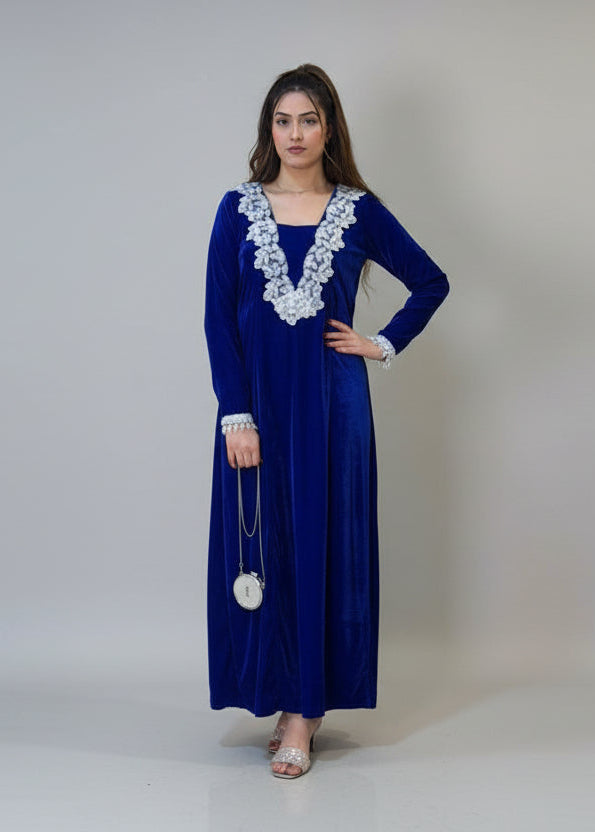 Royal Blue Velvet Long Shirt (STITCHED)