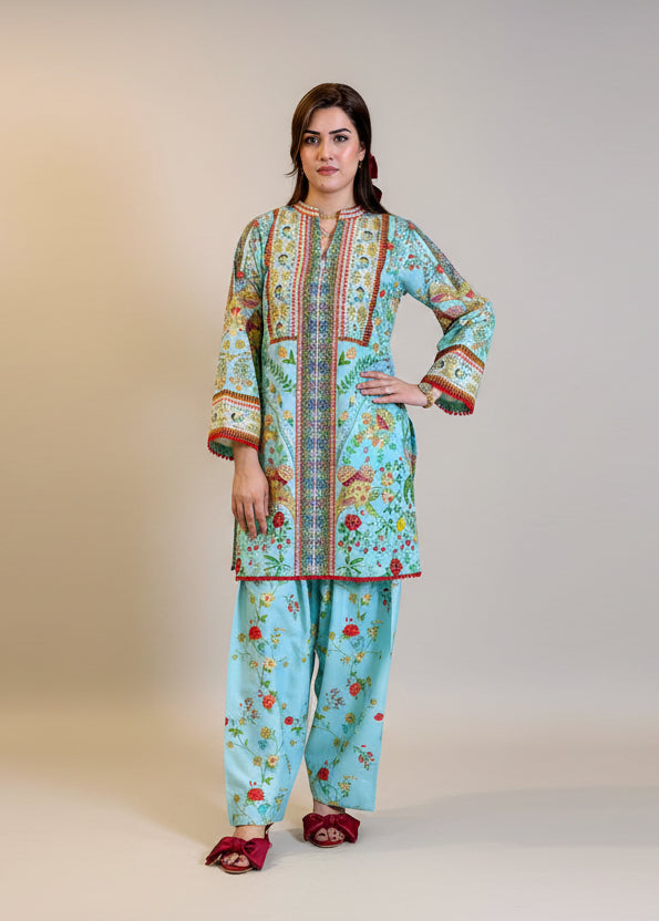 Sky Blue Red Farshi Shalwaar Dress (STITCHED)