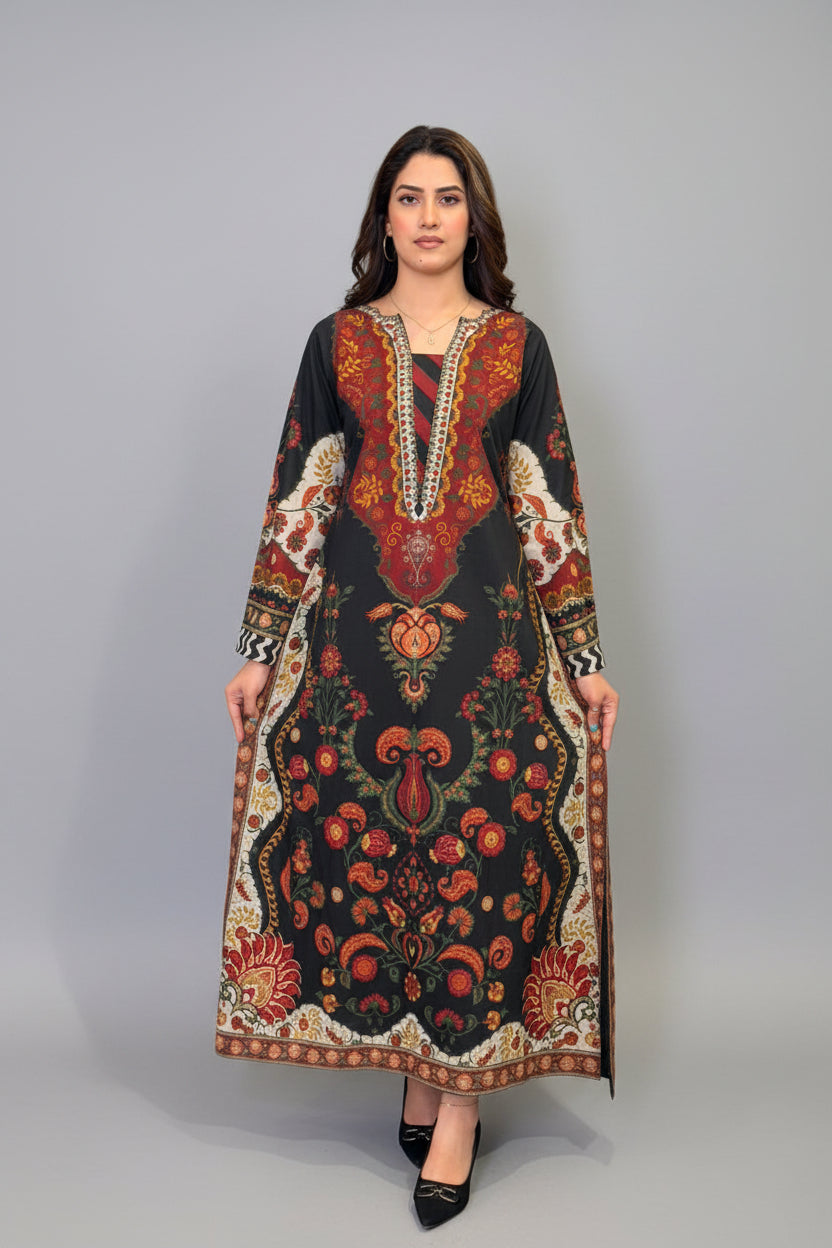 Black Orange Red Long Shirt/ Kaftan (UNSTITCHED)
