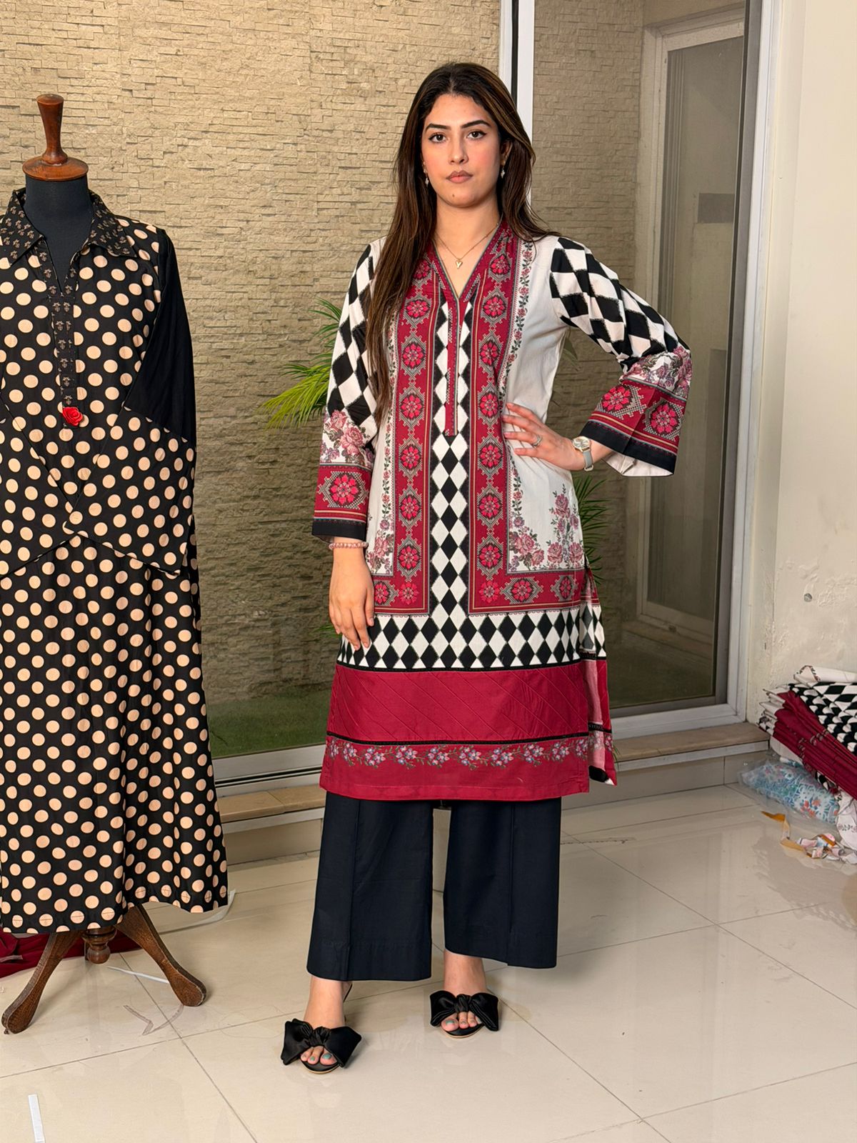 Red Black Diamonds White Long Shirt (STITCHED)