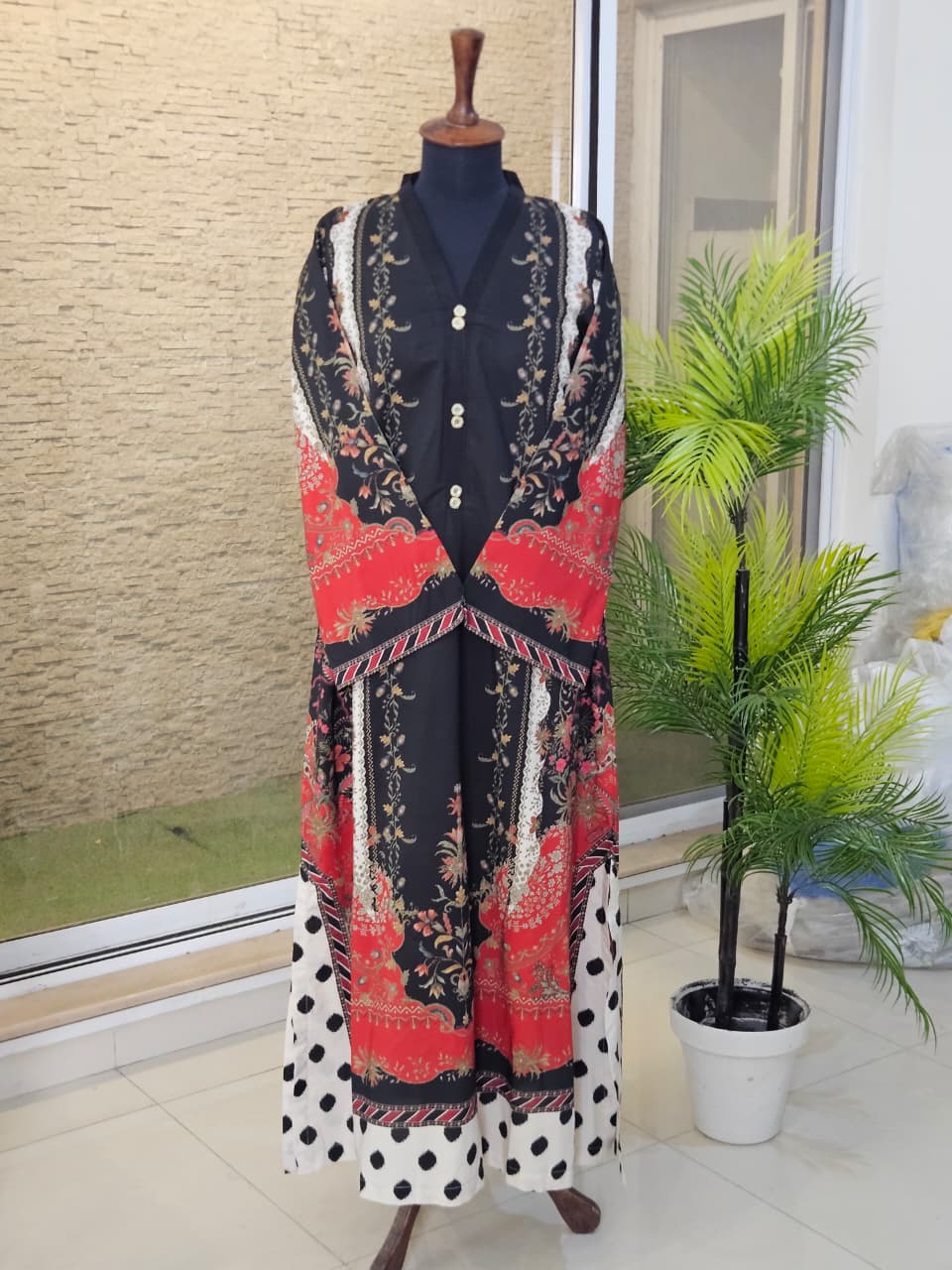 Black Red White Polka Long Short (UNSTITCHED)