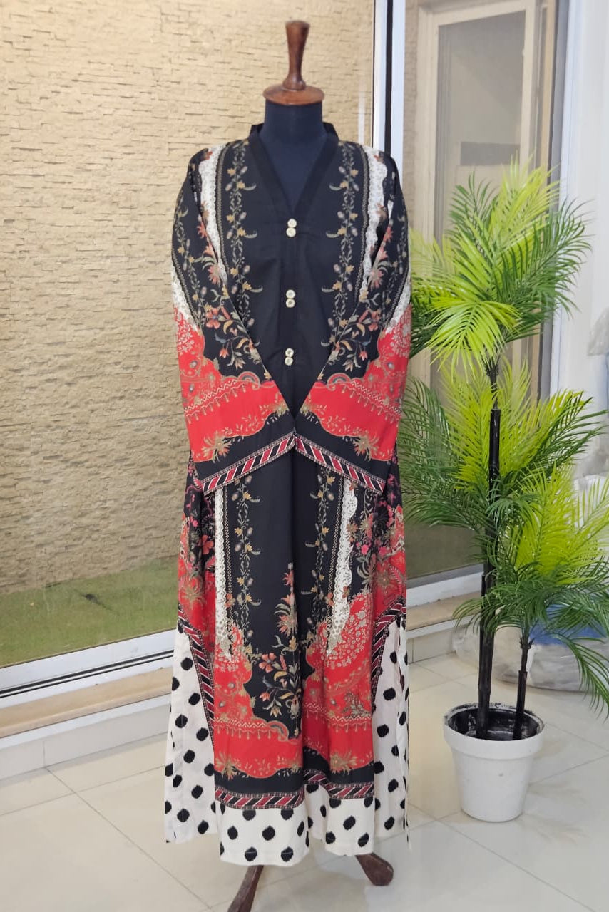 Black Red White Polka Long Short (UNSTITCHED)