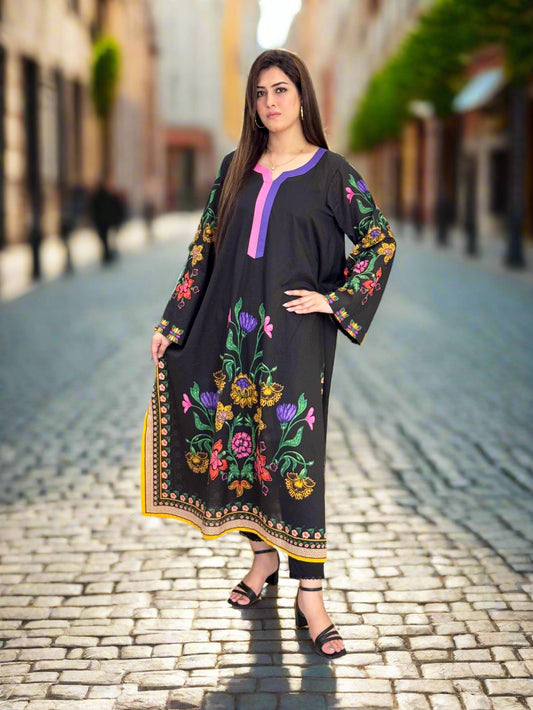 Black Pink Purple Floral Long Shirt (UNSTITCHED)