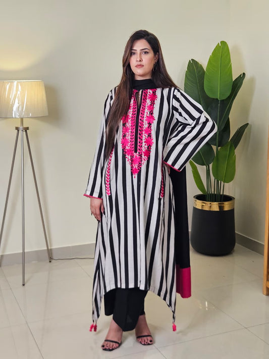 Black and White Stripes Embroidered 3 Piece Dress with Dupatta
