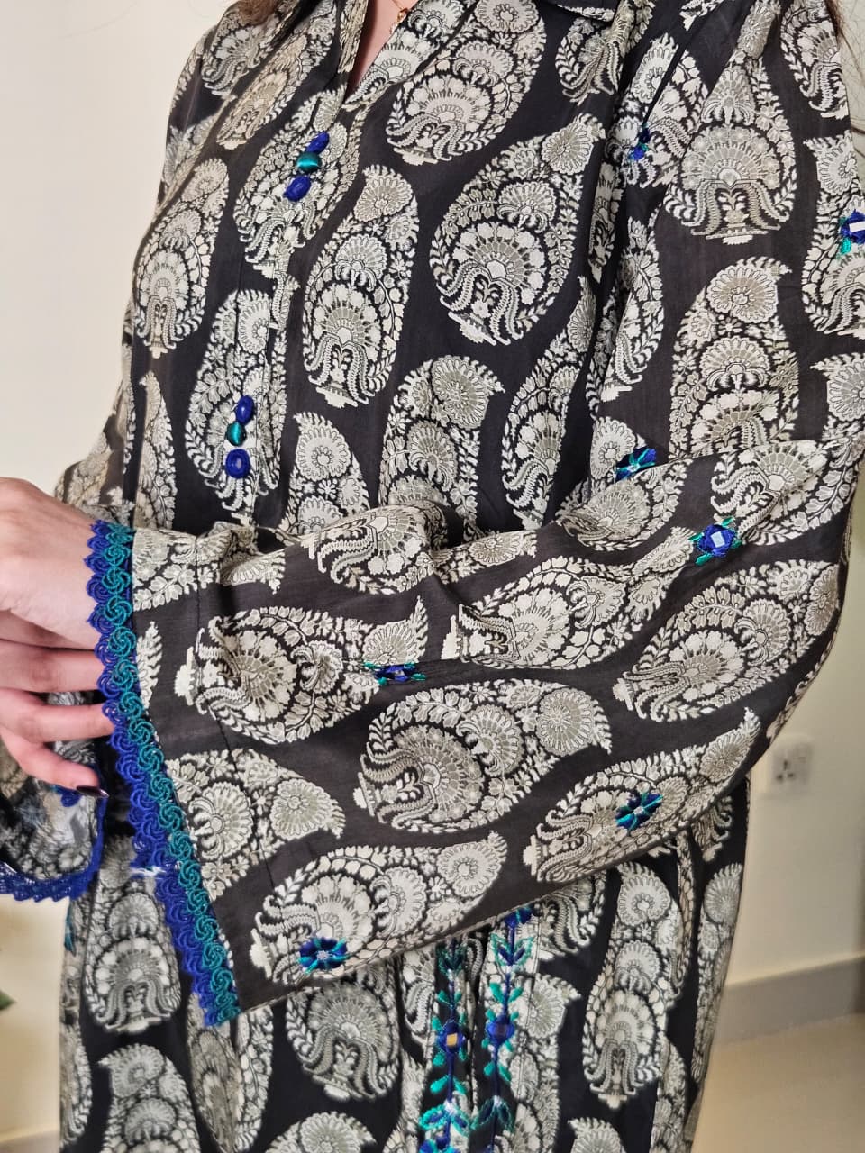 Black Green Blue Embroidered Shirt and Trouser (STITCHED)