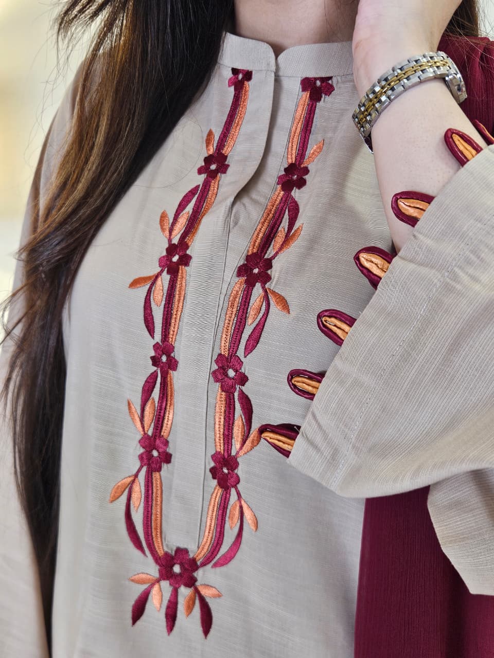 Skin Orange Maroon Embroidered Dress with Dupatta (STITCHED)