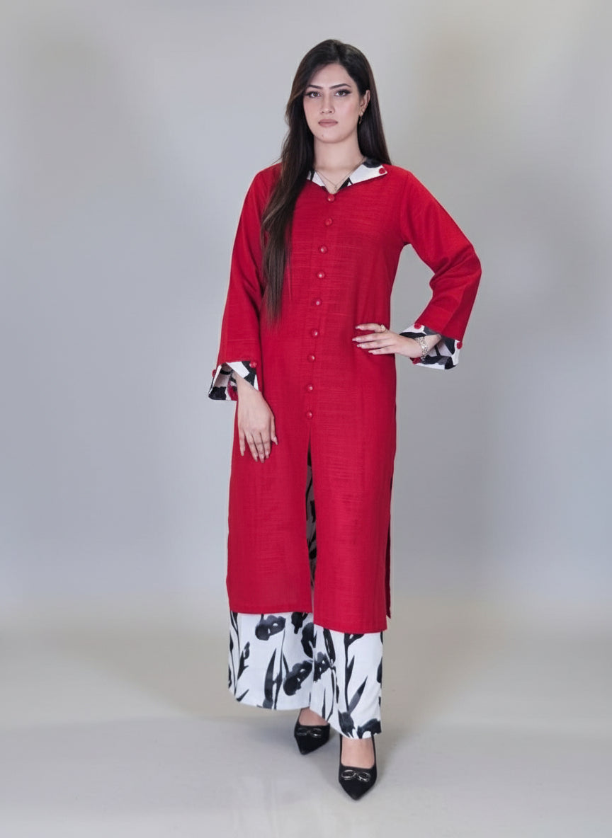 Red Black and White Collar Shirt with Trouser (STITCHED)