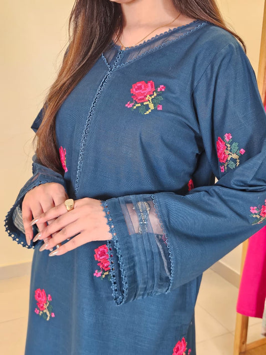 Blue Embroidered Shirt with Trouser (STITCHED)