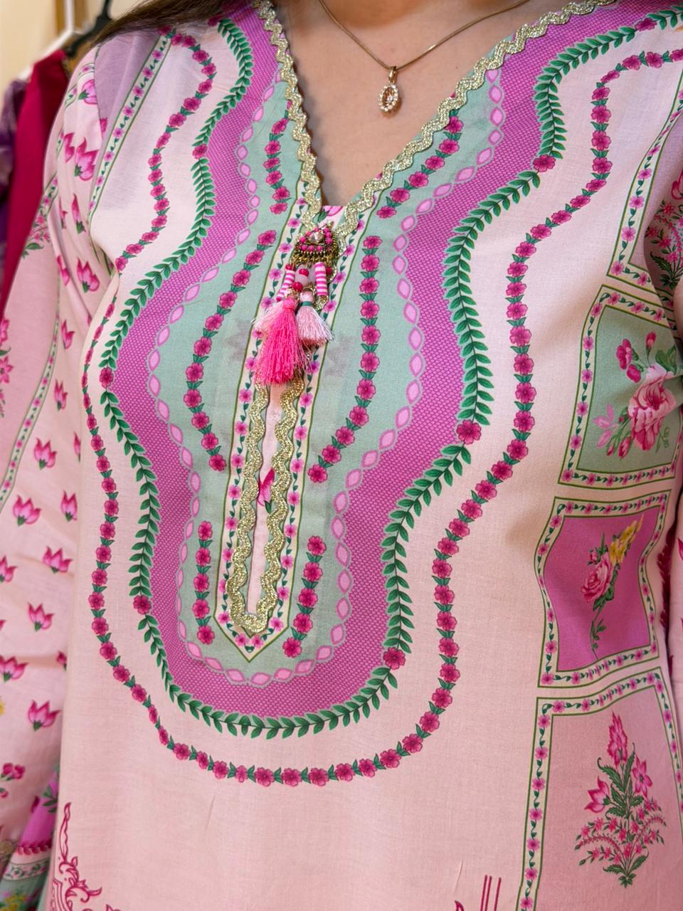 Pink Green Peach Long Shirt with Trouser (STITCHED)