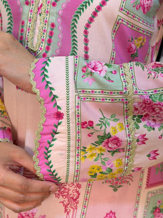 Pink Green Peach Long Shirt with Trouser (STITCHED)
