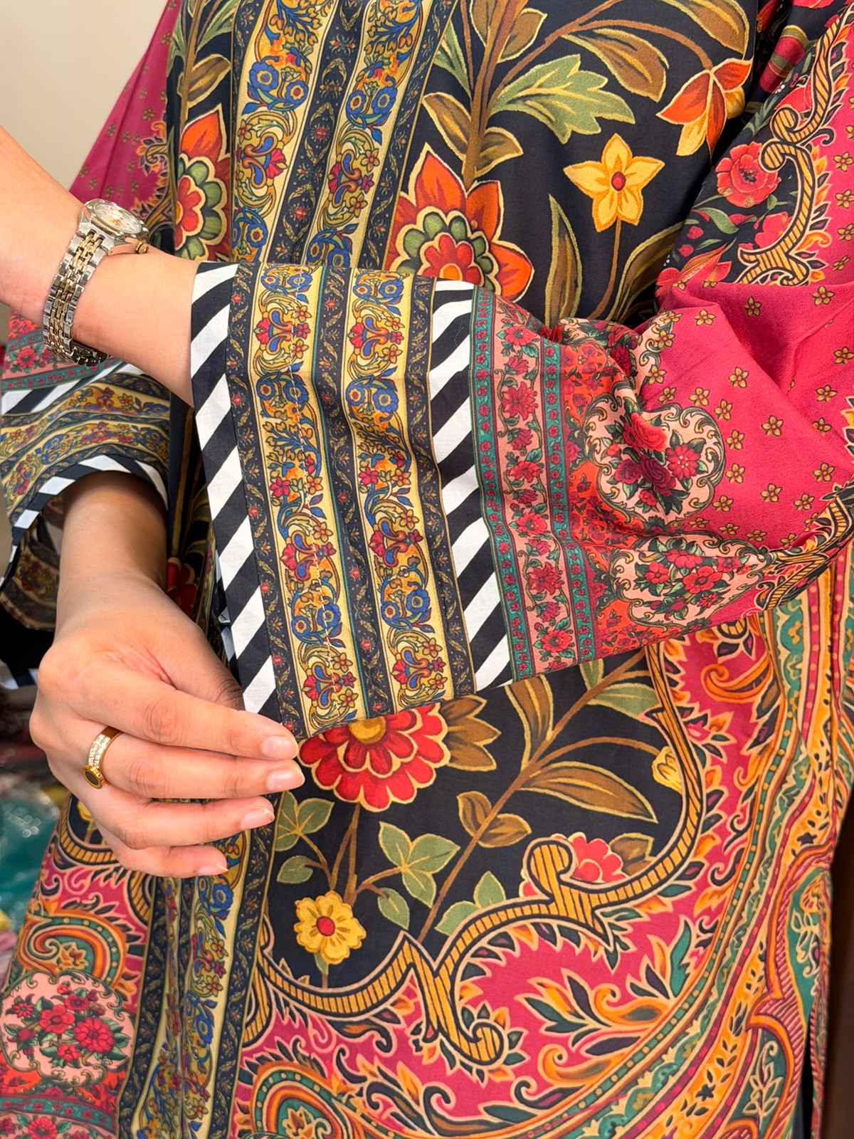 Maroon Green Yellow Floral Farshi Shalwaar with Shirt (UNSTITCHED)