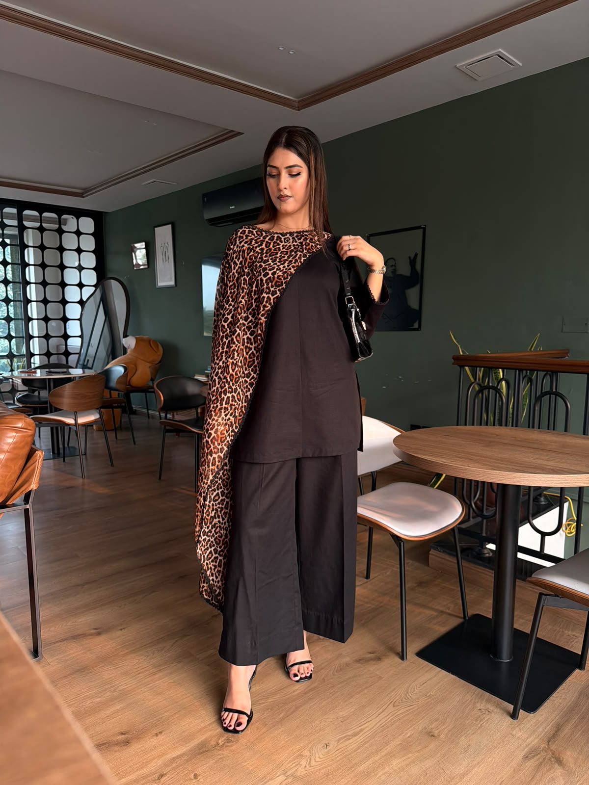 Leopard Black Luxe Shirt and Trouser with attached Dupatta (STITCHED)