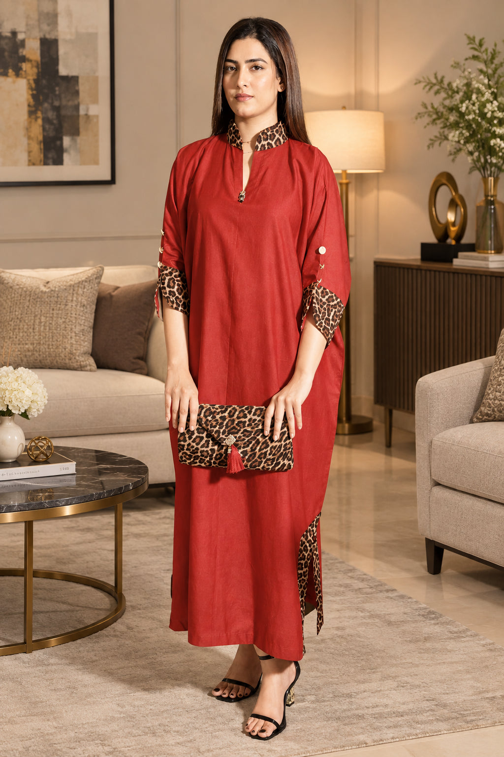 Maroon Leopard Trim Kaftan (STITCHED)