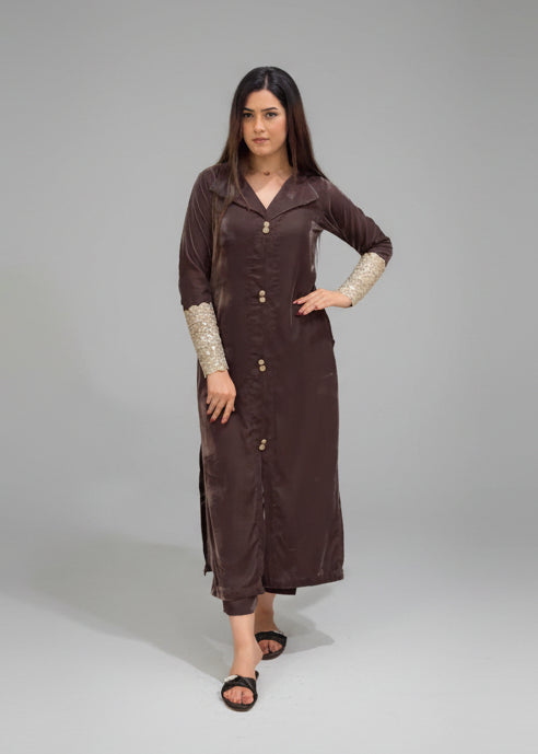 Brown Velvet Long Shirt and Trouser (STITCHED)