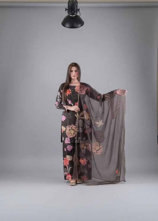 Brown Big Floral Shirt and Trouser (UNSTITCHED)