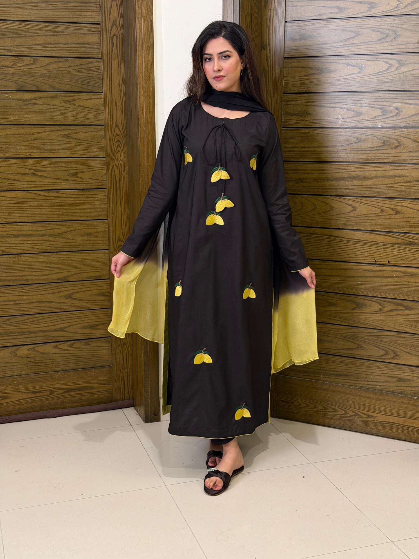 Dark Brown Lemon Embroidered Long Dress with Dupatta (STITCHED)