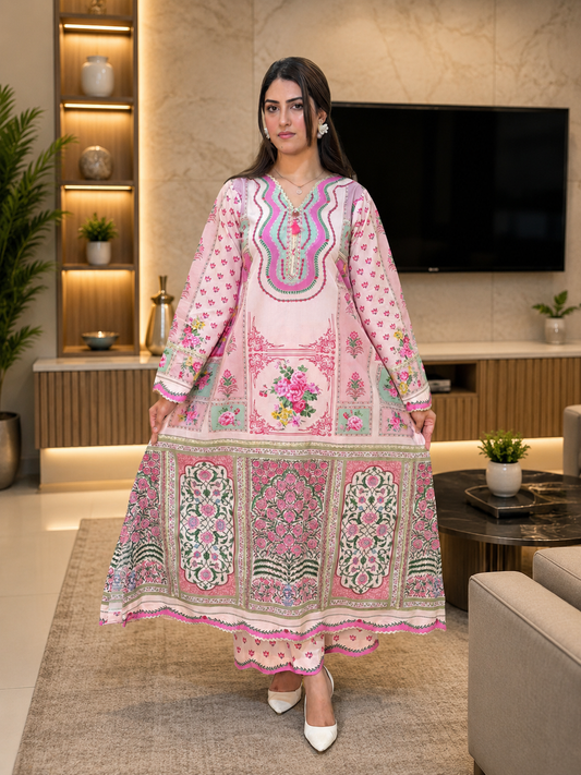 Pink Green Peach Long Shirt with Trouser (UNSTITCHED)