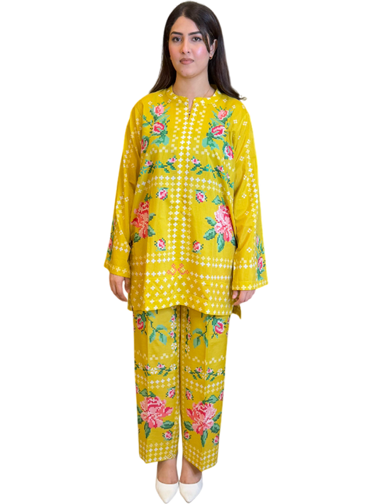 Mustard Green Floral Shirt and Trouser (Unstitched)