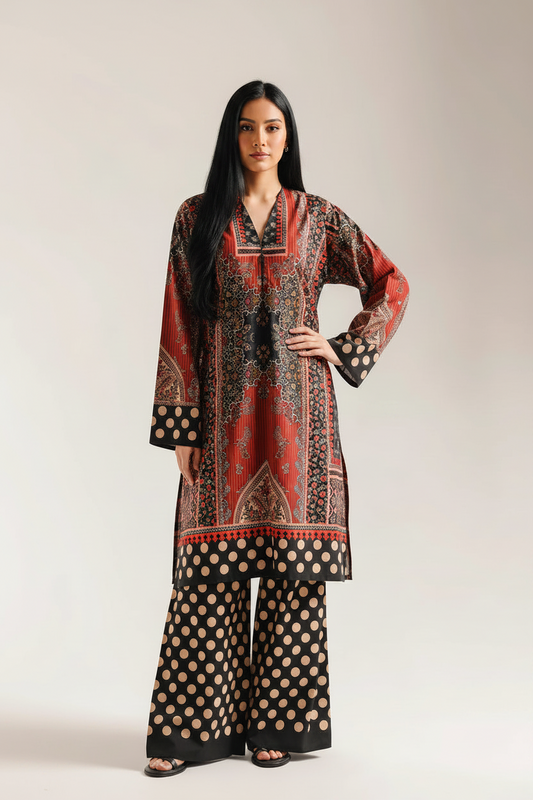 Red Black Polka Shirt and Trouser (UNSTITCHED)