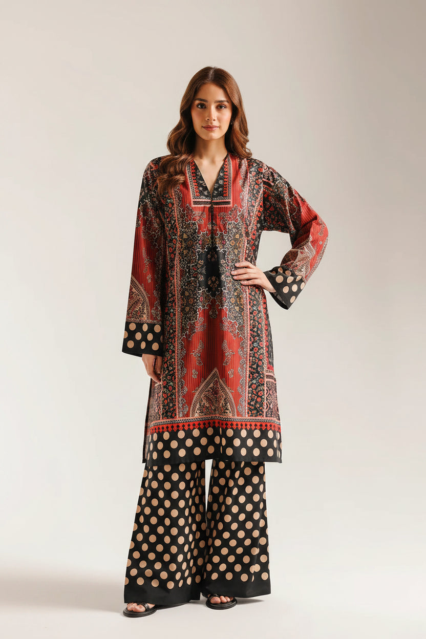 Red Black Polka Shirt and Trouser (UNSTITCHED)