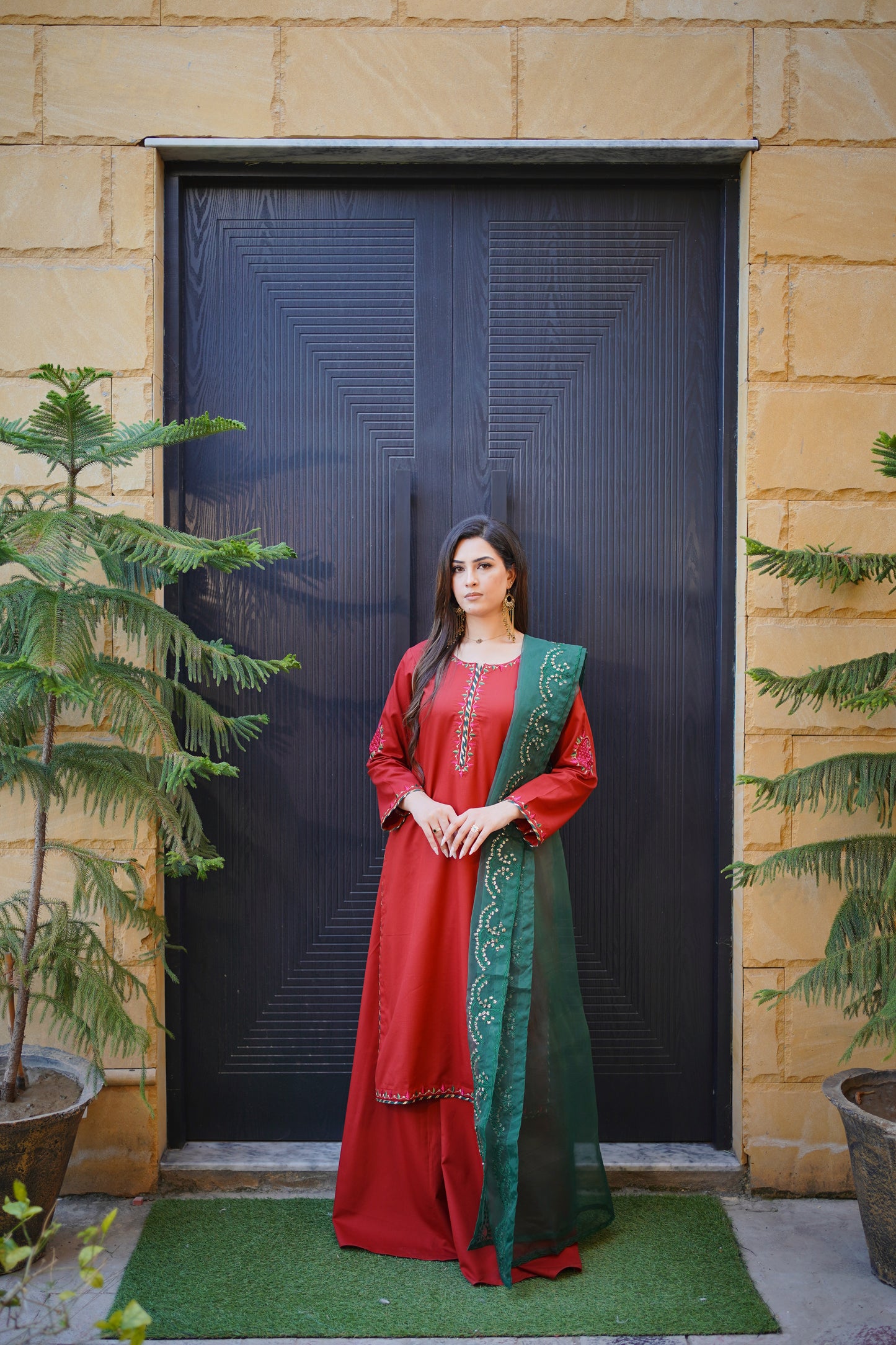 Red Green Embroidered Dress with Dupatta (STITCHED)