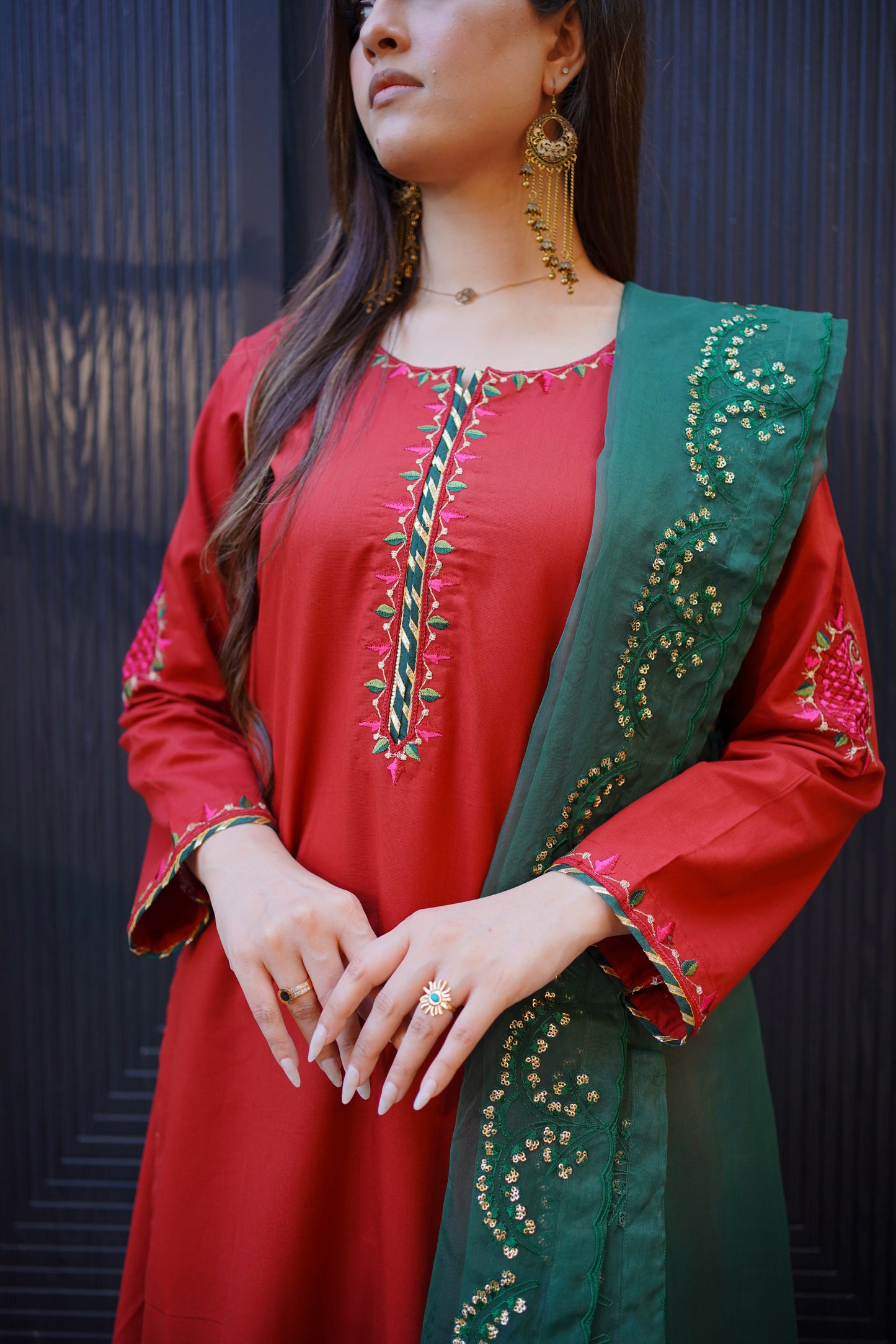 Red Green Embroidered Dress with Dupatta (STITCHED)