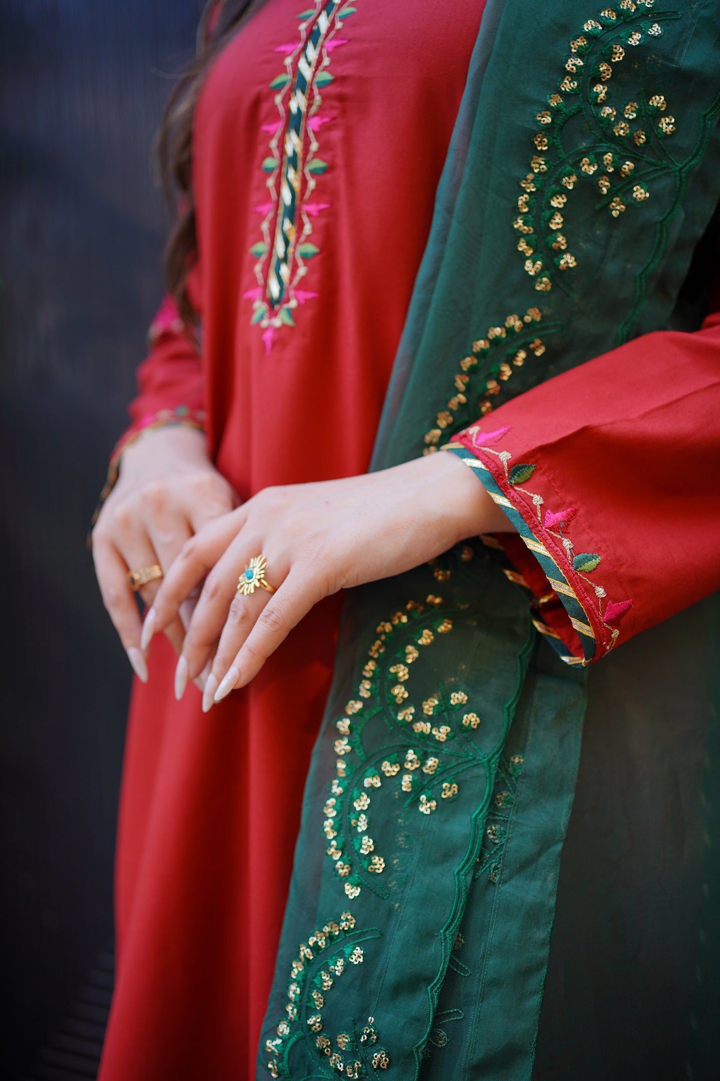 Red Green Embroidered Dress with Dupatta (STITCHED)