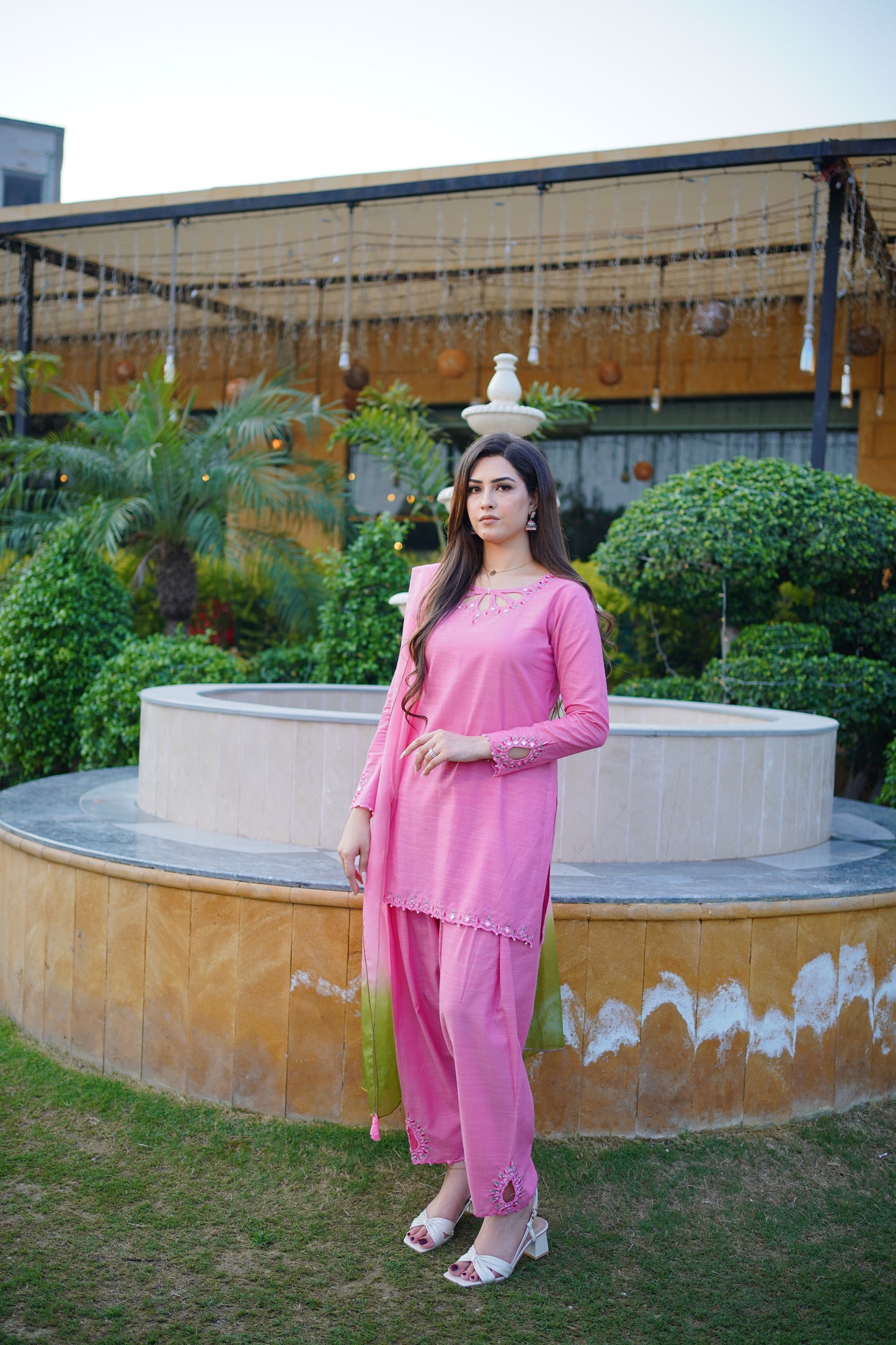 Pink Embroidered Mirror Work Dress with Dupatta (STITCHED)