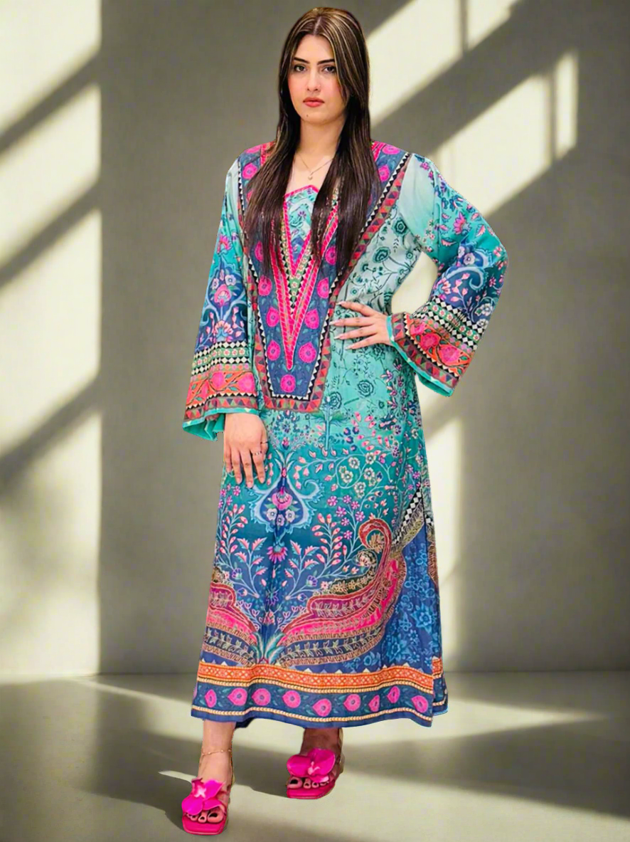 Blue Green Pink Long Shirt (Unstitched)