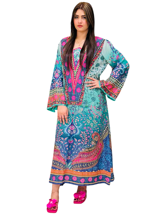 Blue Green Pink Long Shirt (Unstitched)
