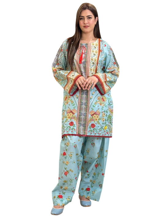 Sky Blue Red Farshi Shalwaar Dress
