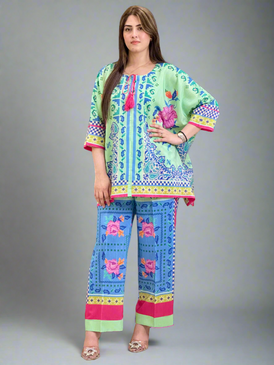 Green Blue Pink Co-ord Set (Unstitched)