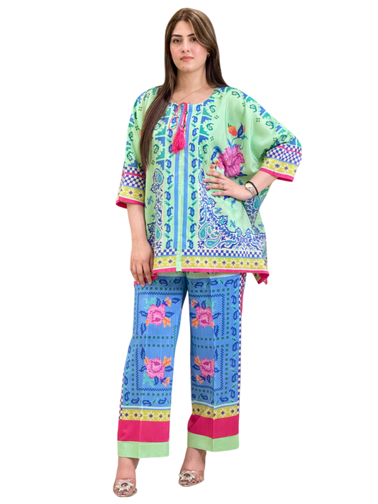 Green Blue Pink Co-ord Set (Unstitched)